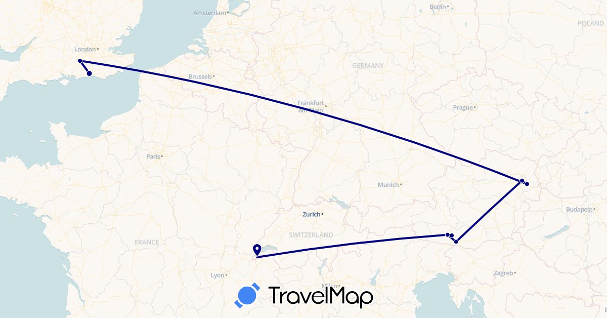 TravelMap itinerary: driving in Austria, Switzerland, United Kingdom (Europe)